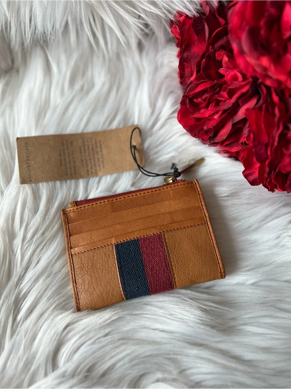 Margot New York Tan Leather Card Wallet with Red & Navy Center Stripe